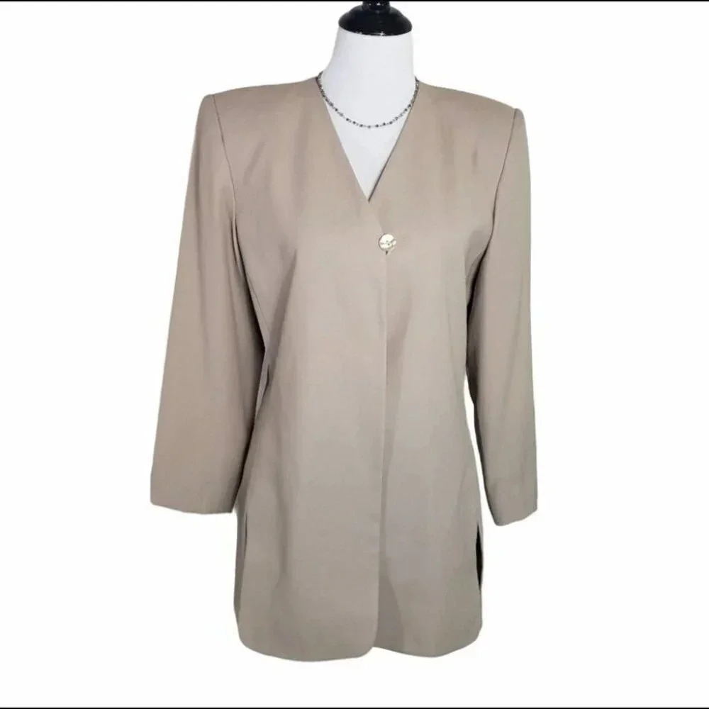 Kasper‎ for A.S.L. Blazer 8 Tan Vintage 90s Longline Shoulder Pads Single Button